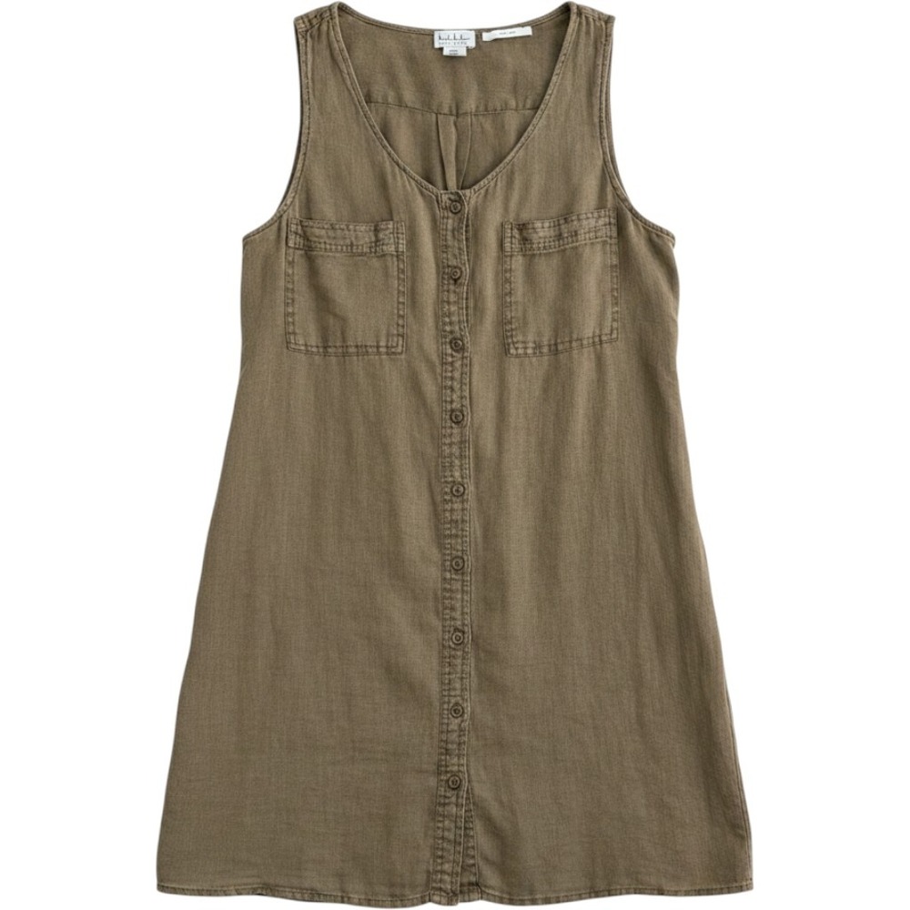 Nicole Miller New York Linen Button Front Dress Olive XL Herringbone Sleeveless